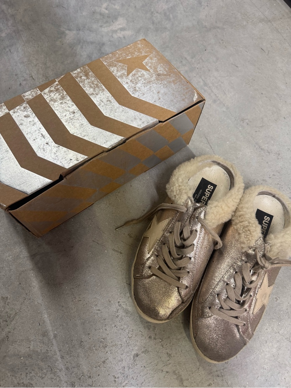 Golden Goose Metallic Champagne Shearling-Trim Low Top Sneakers